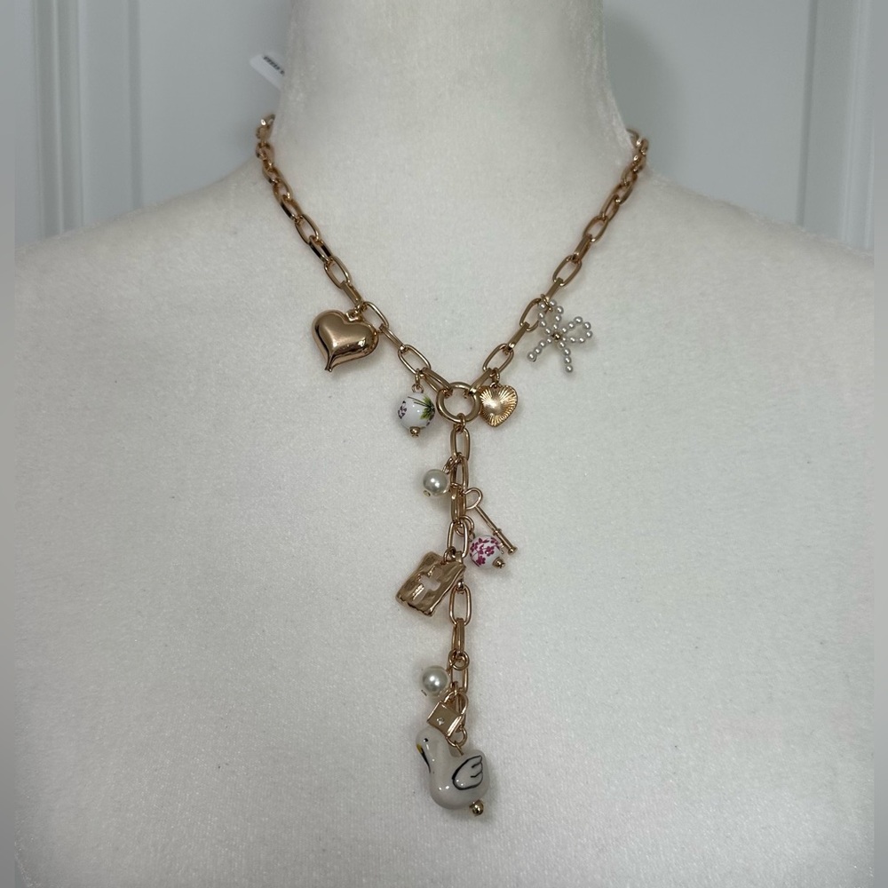 Urban Outfitters Katherine Lariat Charm Necklace Gold Tone with Pearl Accents